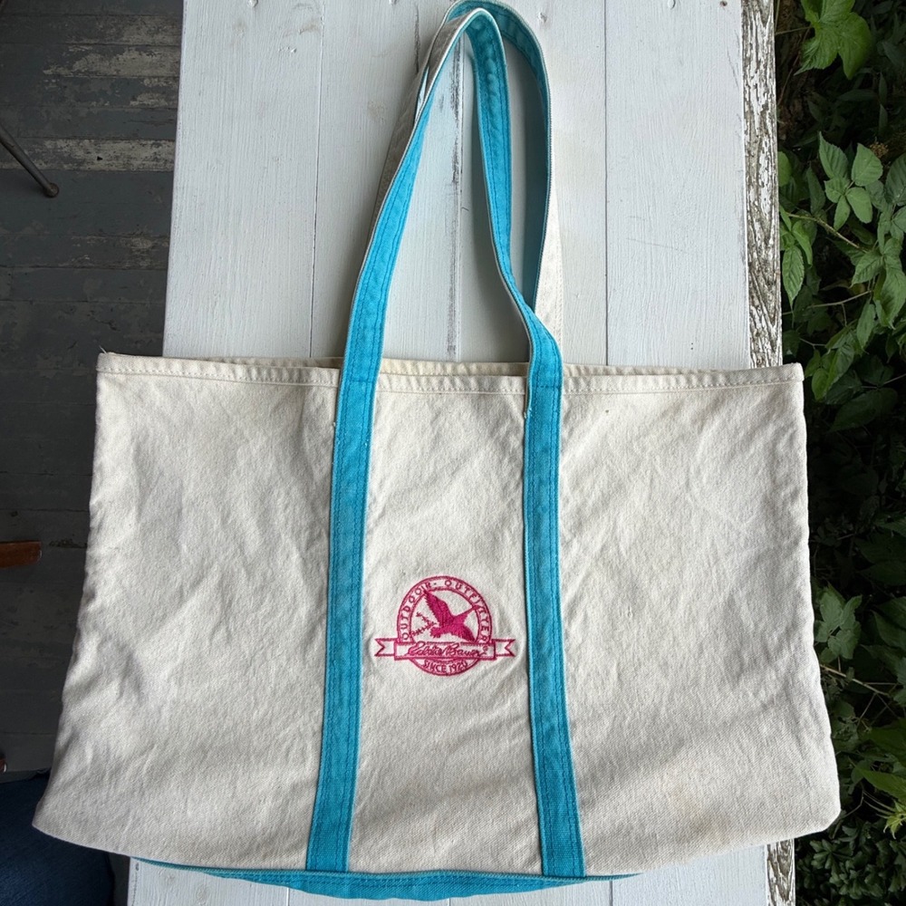 Eddie Bauer Vintage Canvas Tote Bag Cream Blue Pink Outdoor Outfitters Large